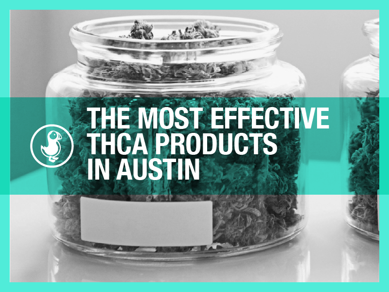 The Most Effective THCA Products in Austin – Glass jars filled with premium THCA flower, featuring a teal overlay and thisthat CBD branding.