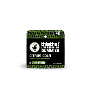 Citrus Cola Live Resin Gummies by thisthat CBD, with Bubba Kush cultivar, 25mg each, Hybrid, single gummy pack.