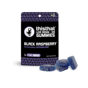 Black Raspberry Live Resin Gummies by thisthat CBD, Ice Cream Cake cultivar, 5-pack, 25mg Indica per gummy, net weight 46.65g.