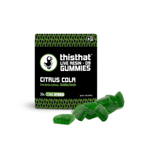 Citrus Cola Live Resin Gummies by thisthat CBD, Bubba Kush cultivar, 25mg Hybrid, 30-pack, net weight 279g.