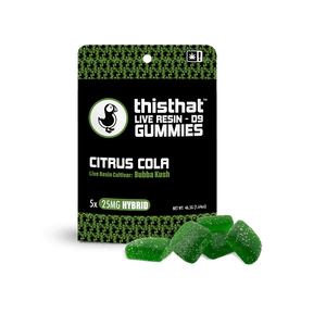 Citrus Cola Live Resin Gummies by thisthat CBD, Bubba Kush cultivar, 25mg Hybrid, 5-pack, net weight 46.5g.