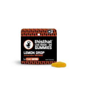 Lemon Drop Live Resin Gummies by thisthat CBD, Sour Diesel cultivar, 25mg Sativa, single pack, net weight 9.3g.