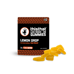 Lemon Drop Live Resin Gummies by thisthat CBD, Sour Diesel cultivar, 25mg Sativa, 30-pack, net weight 279g