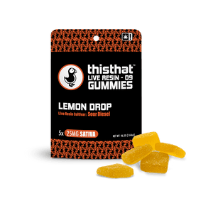 Lemon Drop Live Resin Gummies by thisthat CBD, Sour Diesel cultivar, 25mg Sativa, 5-pack, net weight 46.5g.