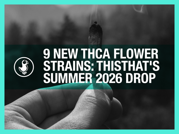 9 new THCa flower strains — thisthat Summer 2026 drop graphic with hand holding hemp flower, 28-33% THCA