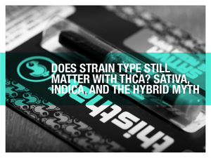 Close-up image of a THCa vape cartridge package with the overlaid text: “Does strain type still matter with THCA? Sativa, Indica, and the Hybrid Myth.” Designed for a cannabis blog discussing the relevance of strain categories.