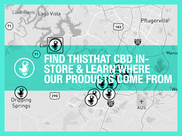 Find thisthat CBD in-store — Austin Texas store locator map with retail pins for THCA, live resin and gummies