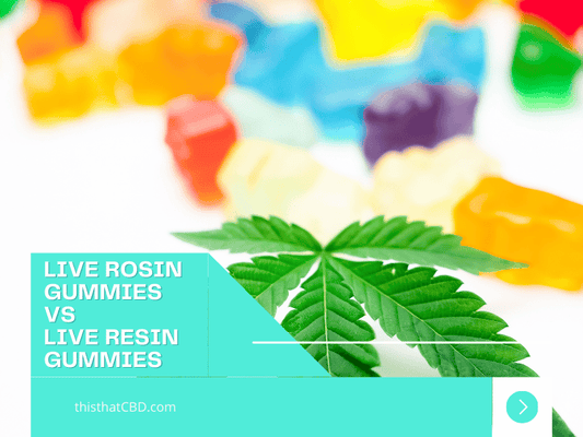 image showing Live Rosin Gummies  Vs  Live Resin Gummies wording with cannabis leaf and gummies in background