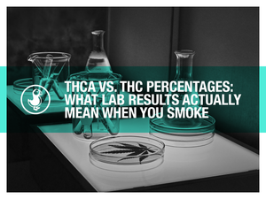THCA vs THC lab results — lab glassware and hemp showing how COA percentages translate to real effects