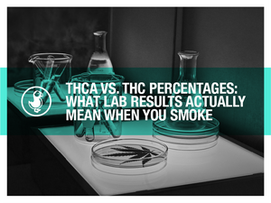 Lab table with cannabis testing equipment, overlaid with bold white text reading “THCA vs. THC Percentages: What Lab Results Actually Mean When You Smoke” and the thisthat CBD logo.