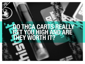 Do THCA Carts Really Get You High? A close-up of thisthat CBD THCA vape cartridge packaging with a teal overlay and bold question text.