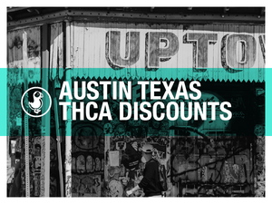 Austin Texas THCA Discounts - Black and white urban storefront with graffiti, featuring a teal overlay and the thisthat CBD logo.