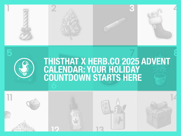 thisthat x Herb.co Advent calendar — teal holiday graphic with daily hemp giveaways, deals and exclusive drops