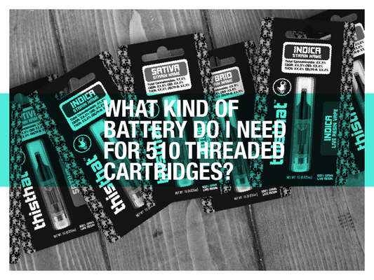 Image showing various THC cartridge packages with a question about the necessary battery type for 510 threaded cartridges, highlighted by a vibrant turquoise design.