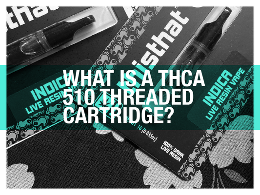 Detailed close-up of a THCA 510 threaded cartridge package, highlighting the question about what a THCA 510 threaded cartridge is, set against a thematic black and turquoise design.