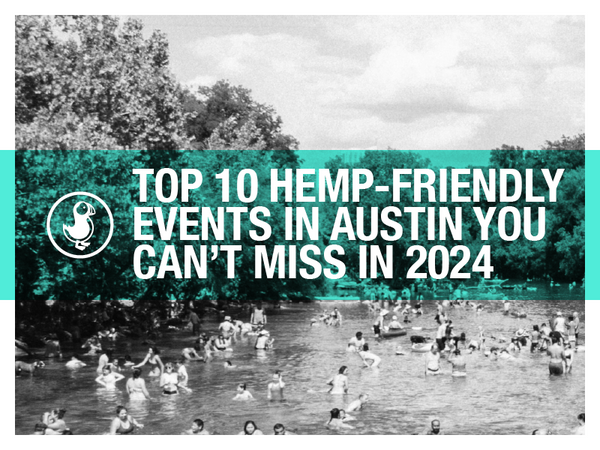 Top 10 Hemp-Friendly Events in Austin 2024 – People enjoying Barton Springs with a teal overlay and thisthat CBD branding.