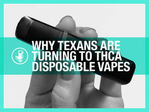 Why Texans Are Turning to THCA Disposable Vapes – A hand holding a sleek black disposable vape, with a teal overlay and thisthat CBD branding.