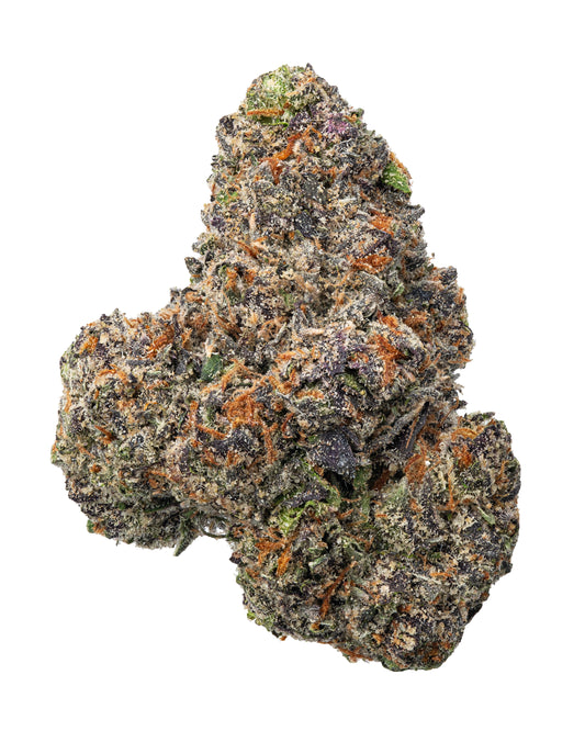 Close-up of Cereal Milk THCa flower showcasing dense bud structure with thick trichome coverage, frosty appearance, vibrant orange pistils, and a mix of deep purple, forest green, and lime hues.