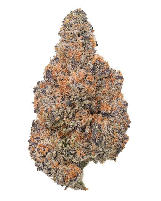 Peanut Butter cannabis strain – premium indica-dominant flower featuring dense purple buds, bright orange pistils, and heavy trichome coverage, ideal for relaxation and stress relief.
