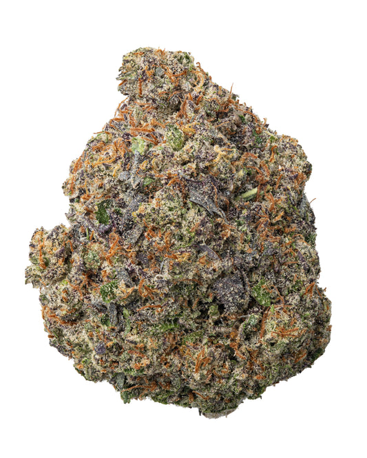 Triple Chocolate Chip cannabis bud – premium indica-dominant strain featuring dense, frosty purple and green nugs with vibrant orange hairs, known for its rich chocolatey aroma and deeply relaxing effects.