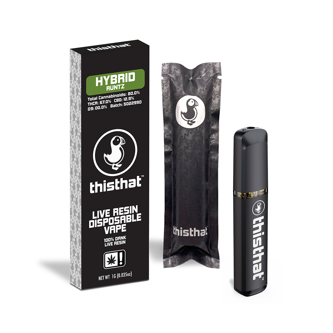 THCA Live Resin Disposable Vape, 1g Runtz Hybrid with packaging.