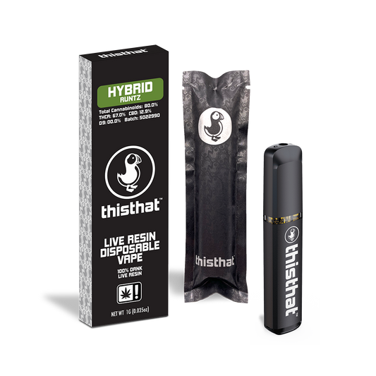 THCA Live Resin Disposable Vape, 1g Runtz Hybrid with packaging.