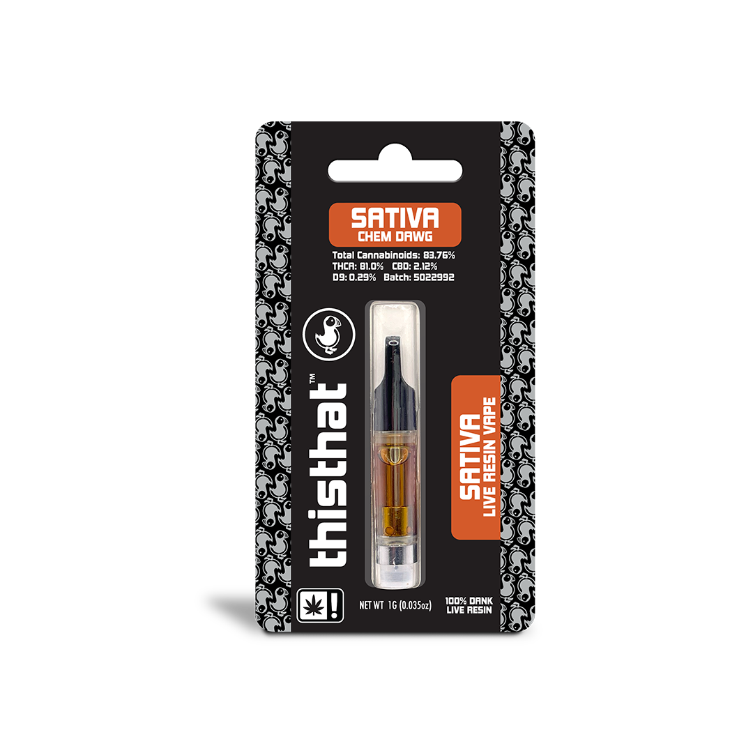 THCA Live Resin Vape Cartridge, 1g Sativa, Chem Dawg Strain