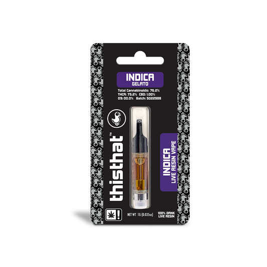 THCA Live Resin Vape Cartridge, 1g Indica, Gelato Strain