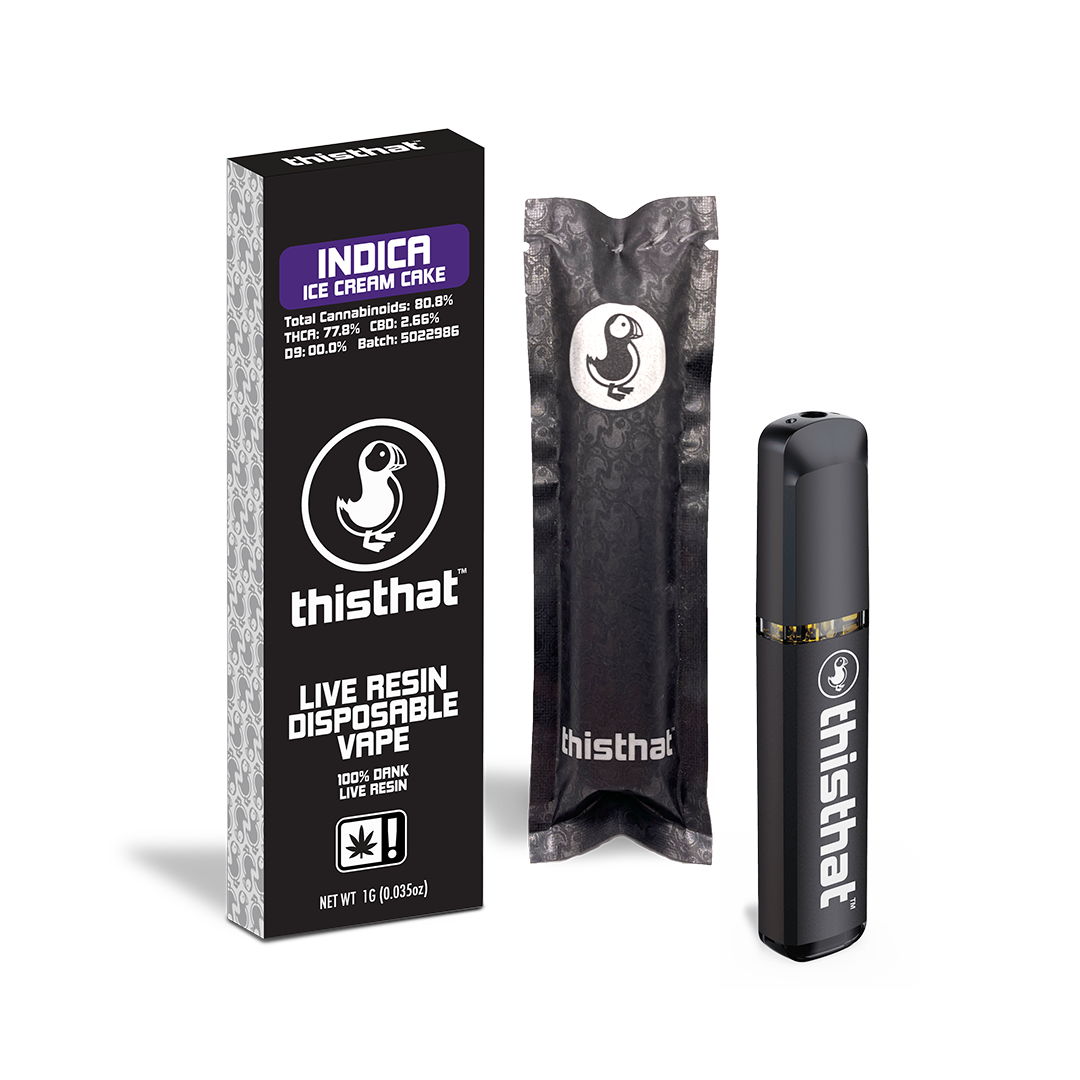 thisthat Live Resin Disposable Vape 1g - Indica Ice Cream Cake flavor with 100% dank live resin.