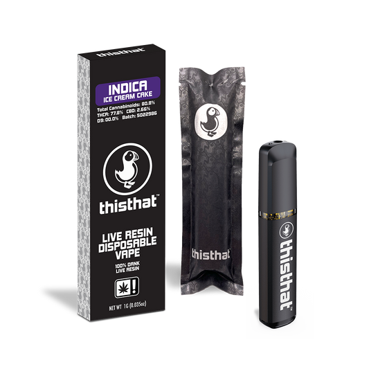 thisthat Live Resin Disposable Vape 1g - Indica Ice Cream Cake flavor with 100% dank live resin.