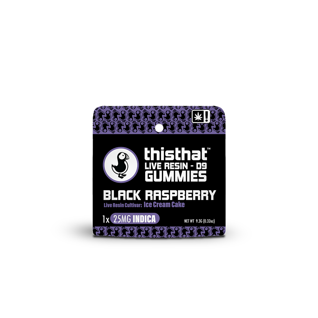 Black Raspberry Live Resin Gummies by thisthat CBD, Ice Cream Cake cultivar, 25mg Indica, single gummy pack, net weight 9.3g