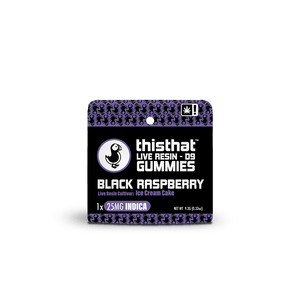 Black Raspberry Live Resin Gummies by thisthat CBD, Ice Cream Cake cultivar, 25mg Indica, single gummy pack, net weight 9.3g
