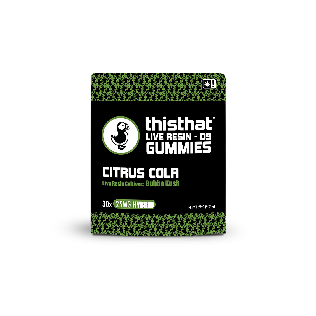 Citrus Cola Live Resin Gummies by thisthat CBD, featuring Bubba Kush cultivar, 25mg each, Hybrid, 30-pack, net weight 297g.