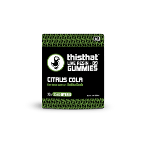 Citrus Cola Live Resin Gummies by thisthat CBD, featuring Bubba Kush cultivar, 25mg each, Hybrid, 30-pack, net weight 297g.