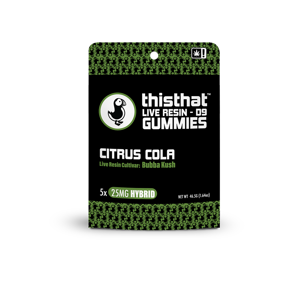 Citrus Cola Live Resin Gummies by thisthat CBD, Bubba Kush cultivar, 25mg each, Hybrid, 5-pack, total weight 45.5g.