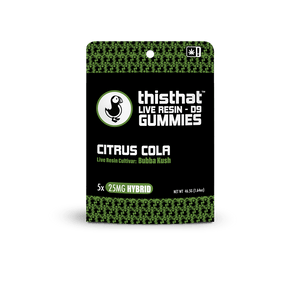 Citrus Cola Live Resin Gummies by thisthat CBD, Bubba Kush cultivar, 25mg each, Hybrid, 5-pack, total weight 45.5g.