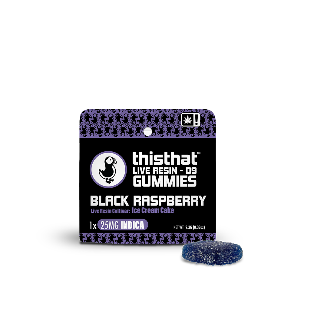 Black Raspberry Live Resin Gummies by thisthat CBD, featuring Ice Cream Cake cultivar, 25mg Indica, single gummy pack.