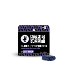 Black Raspberry Live Resin Gummies by thisthat CBD, featuring Ice Cream Cake cultivar, 25mg Indica, single gummy pack.