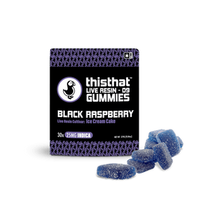 Black Raspberry Live Resin Gummies by thisthat CBD, Ice Cream Cake cultivar, 25mg Indica, 30-pack, net weight 297g.