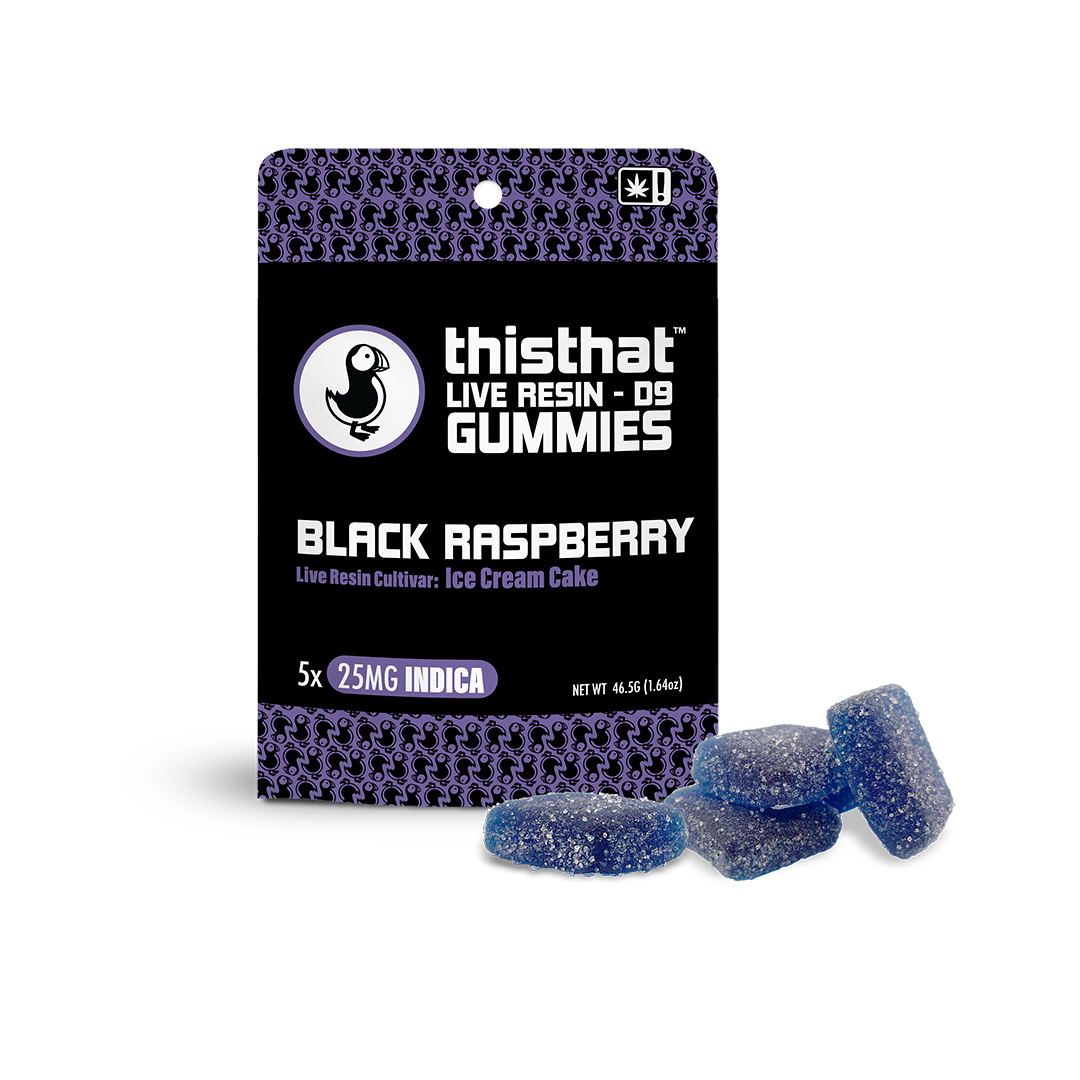 Black Raspberry Live Resin Gummies by thisthat CBD, Ice Cream Cake cultivar, 25mg Indica, 5-pack, total weight 45.5g.