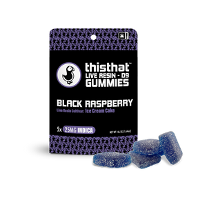 Black Raspberry Live Resin Gummies by thisthat CBD, Ice Cream Cake cultivar, 5-pack, 25mg Indica per gummy, net weight 46.65g.