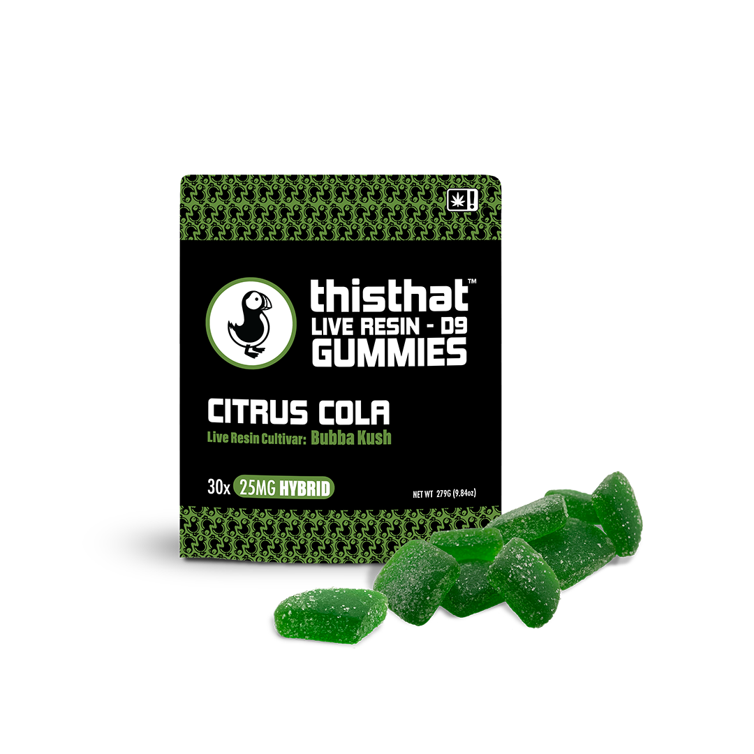 Citrus Cola Live Resin Gummies by thisthat CBD, Bubba Kush cultivar, 25mg Hybrid, 30-pack, net weight 297g