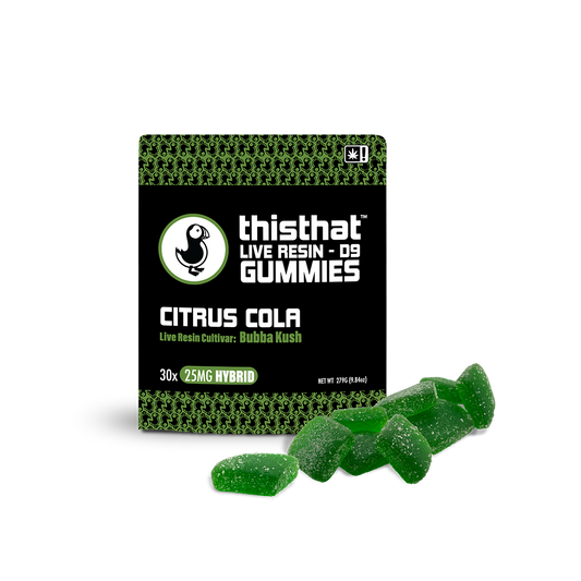 Citrus Cola Live Resin Gummies by thisthat CBD, Bubba Kush cultivar, 25mg Hybrid, 30-pack, net weight 297g