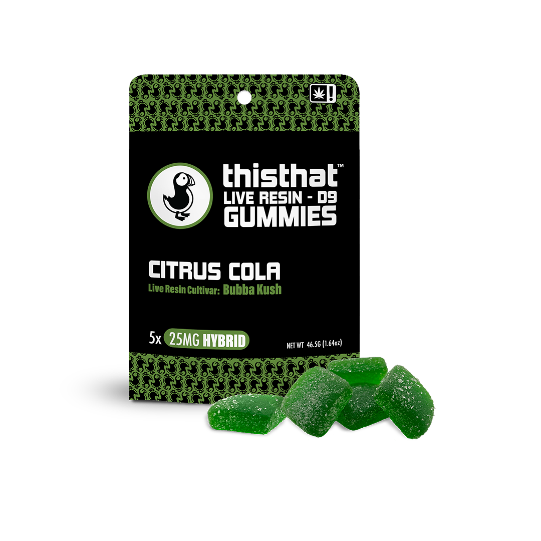 Citrus Cola Live Resin Gummies by thisthat CBD, Bubba Kush cultivar, 25mg Hybrid, 5-pack, net weight 46.5g.