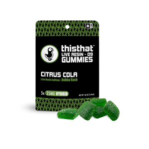 Citrus Cola Live Resin Gummies by thisthat CBD, Bubba Kush cultivar, 25mg Hybrid, 5-pack, net weight 46.5g.
