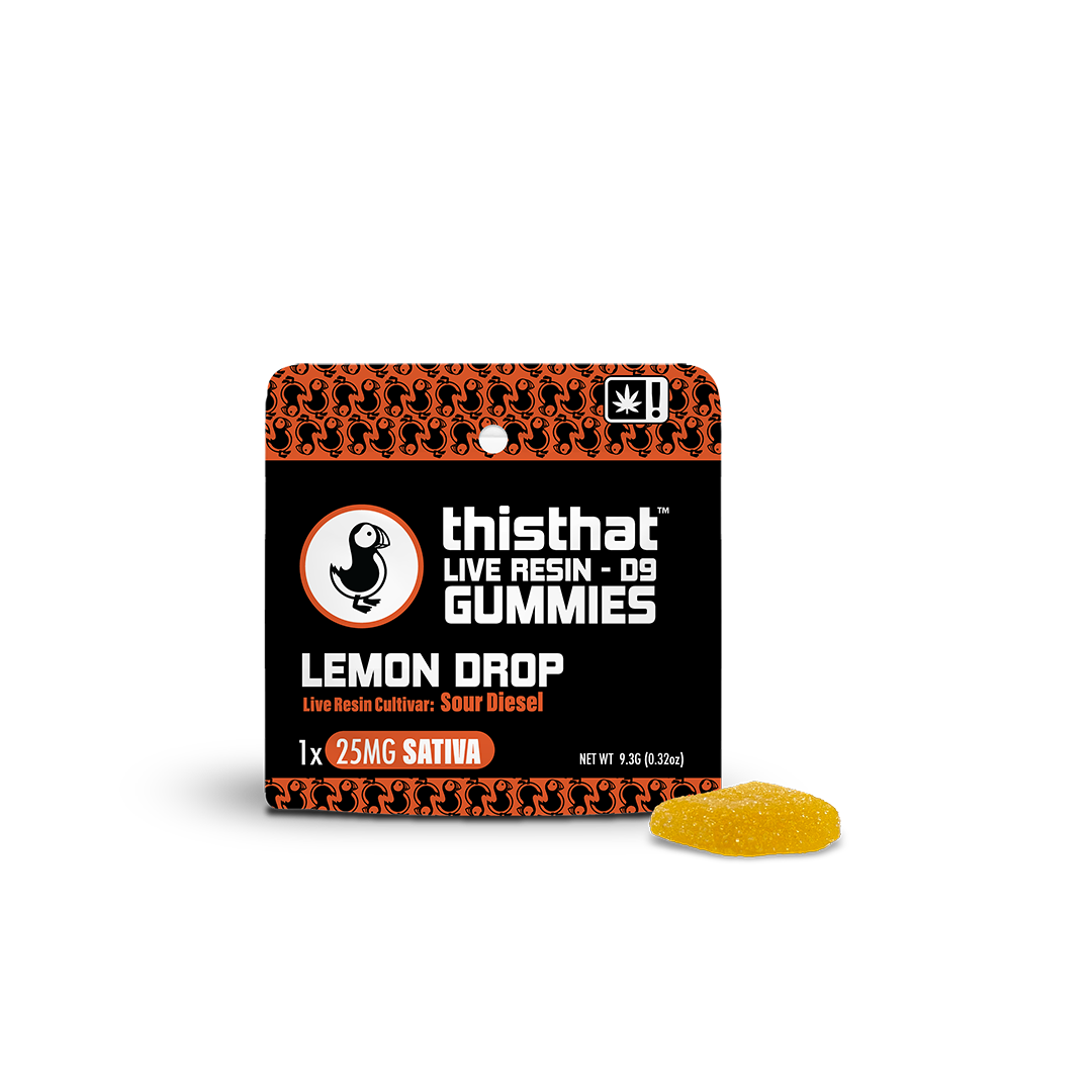 Lemon Drop Live Resin Gummies by thisthat CBD, Sour Diesel cultivar, 25mg Sativa, single gummy pack, net weight 9.3g.