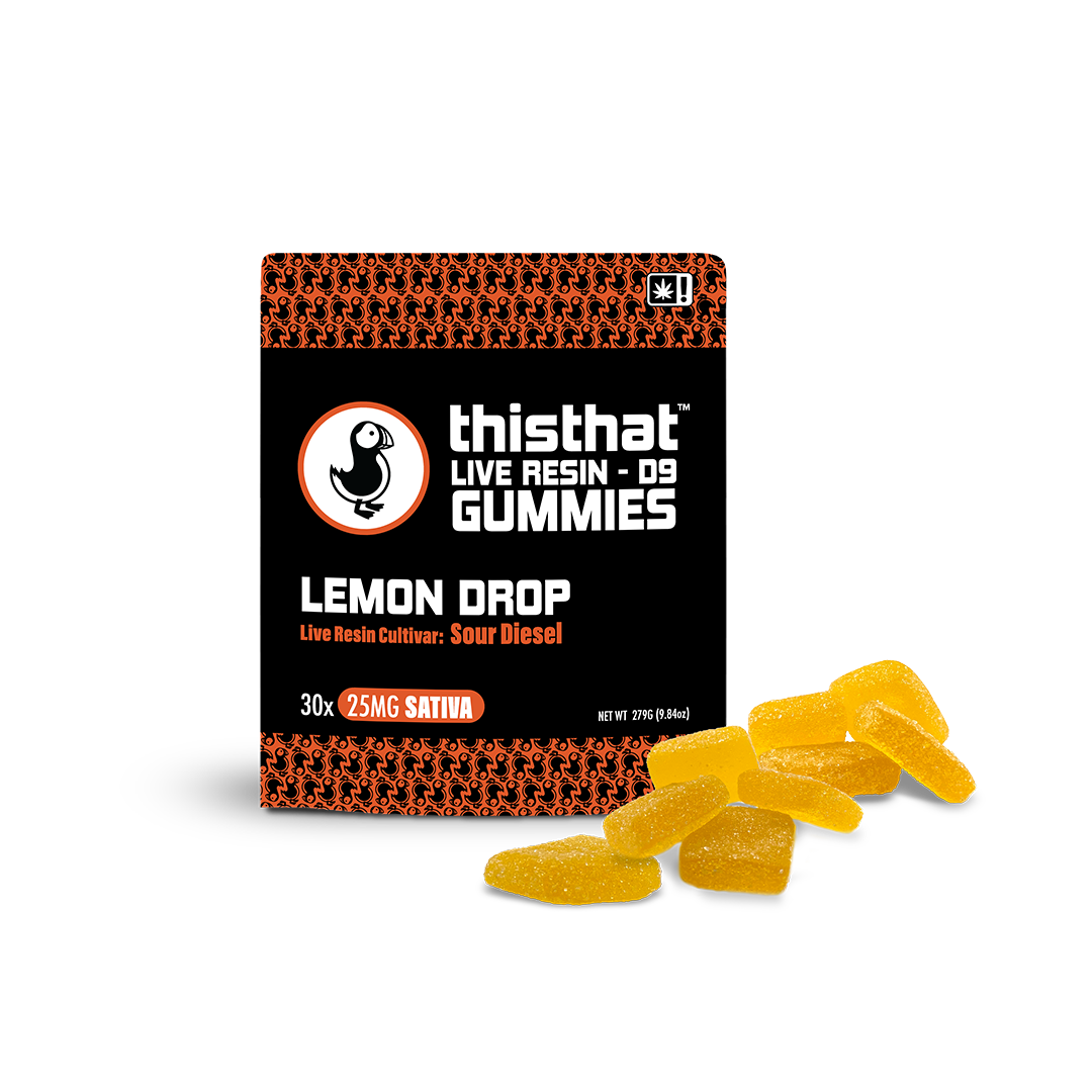 Lemon Drop Live Resin Gummies by thisthat CBD, Sour Diesel cultivar, 25mg Sativa, 30-pack, net weight 279g