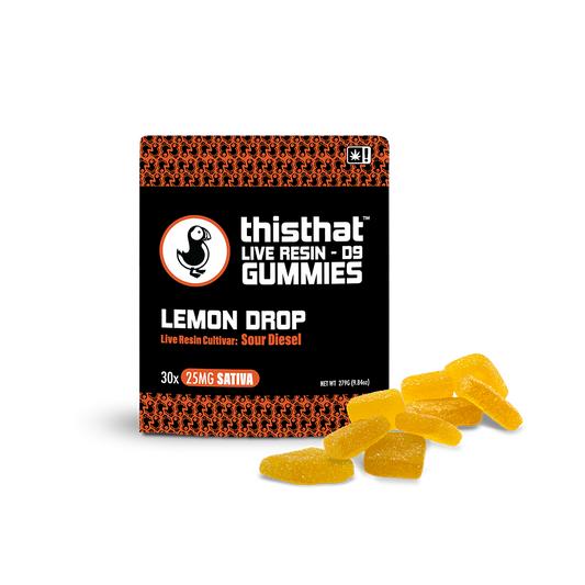 Lemon Drop Live Resin Gummies by thisthat CBD, Sour Diesel cultivar, 25mg Sativa, 30-pack, net weight 279g