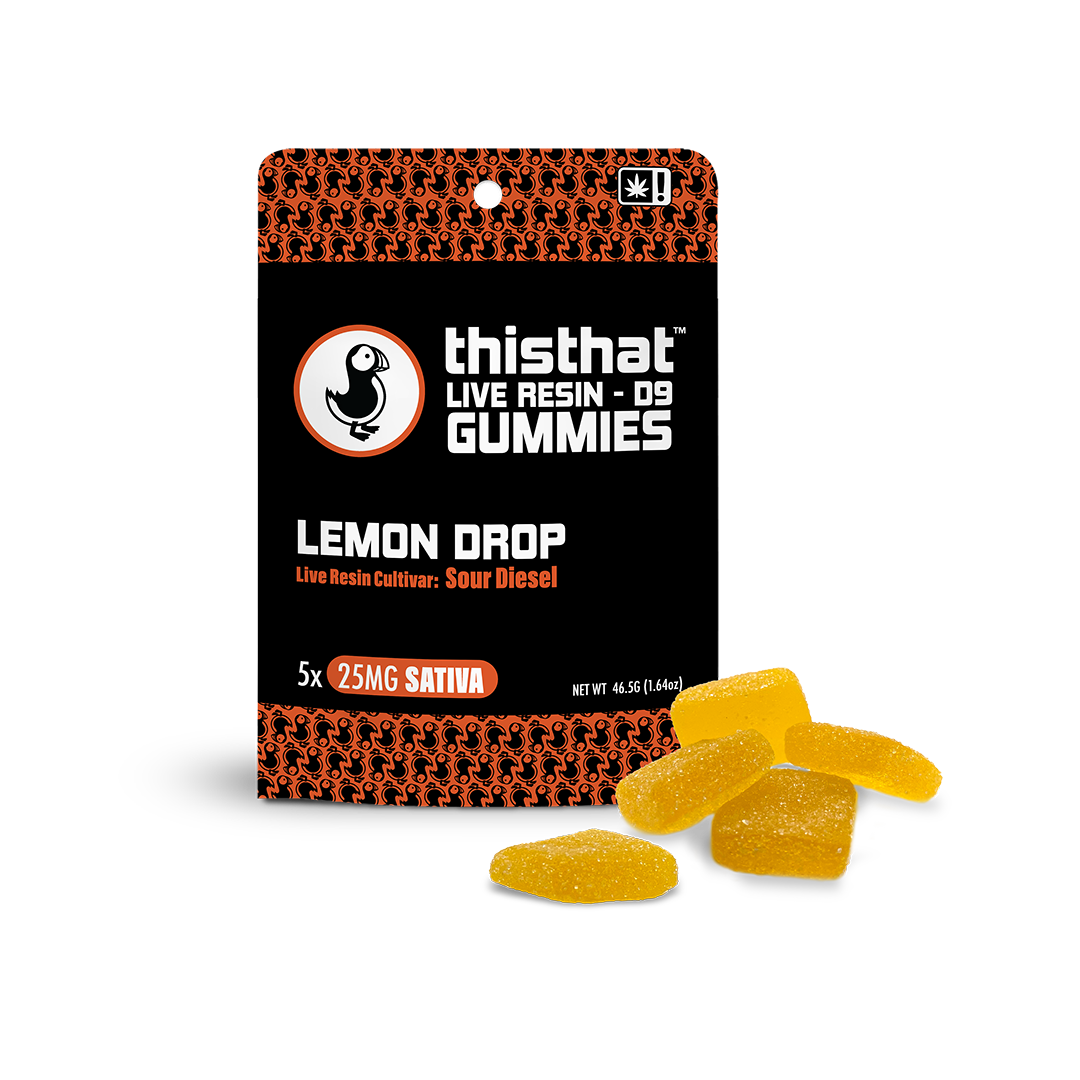 Lemon Drop Live Resin Gummies by thisthat CBD, Sour Diesel cultivar, 25mg Sativa, 5-pack, net weight 46.5g.