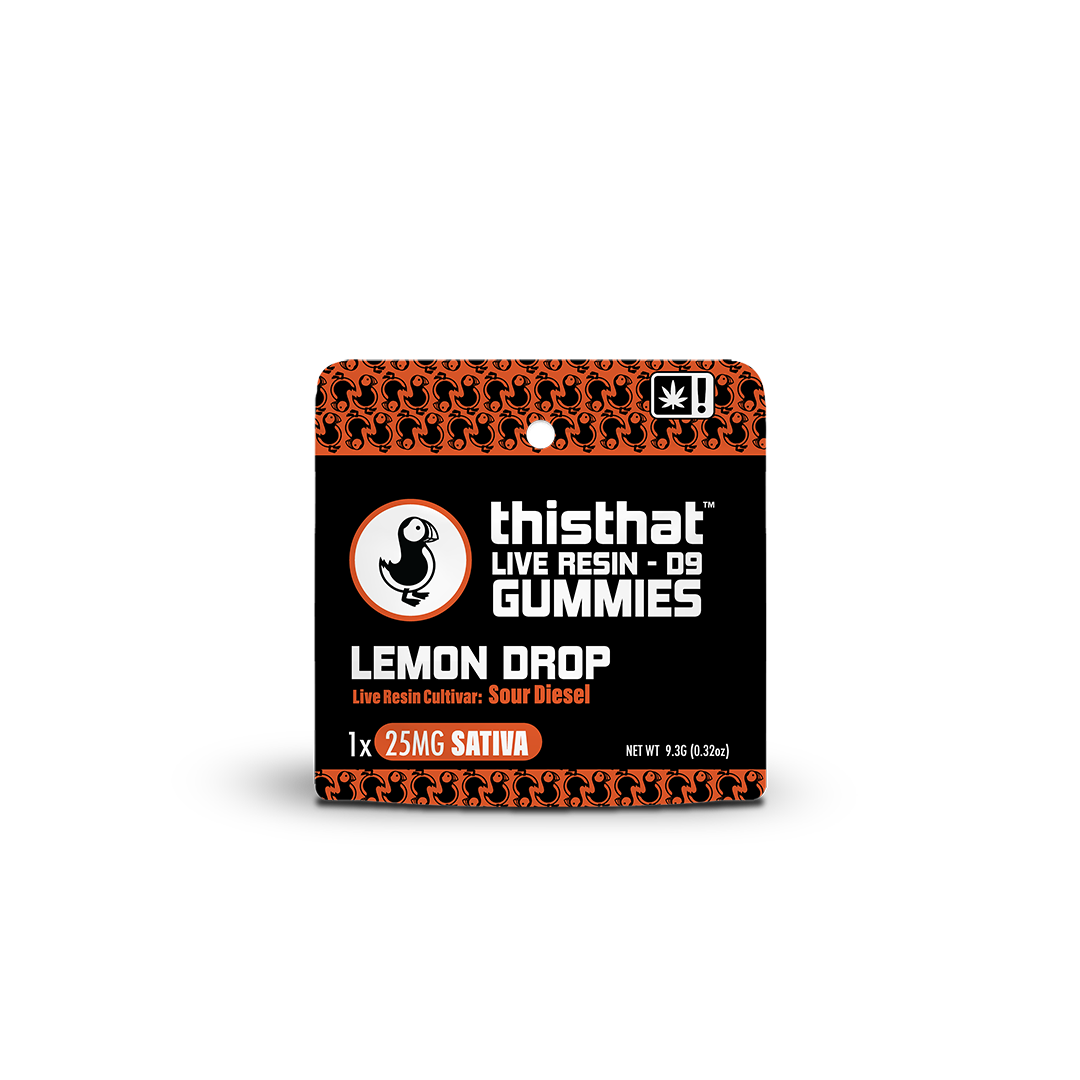 Lemon Drop Live Resin Gummies by thisthat CBD, Sour Diesel cultivar, 25mg Sativa, single gummy pack, net weight 9.3g.